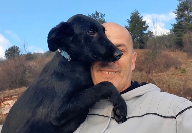 Recently adopted dog with his owner