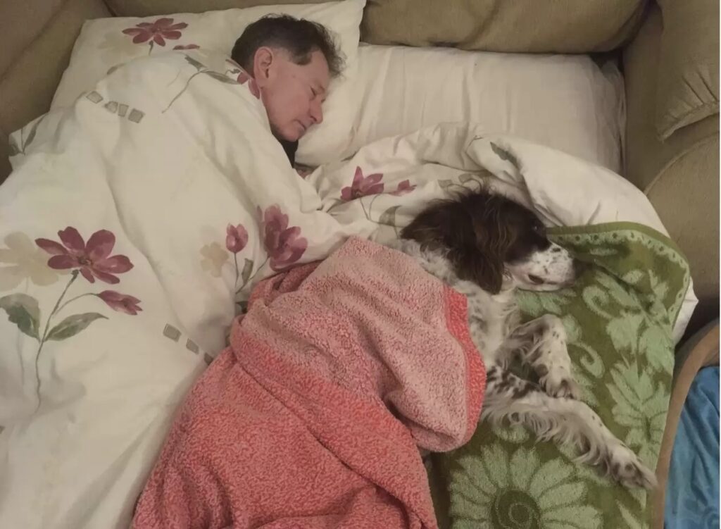 Dog sleeping with his new owner 